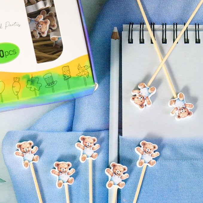 100Pcs Bear Theme Cocktail Picks We Can Bearly Wait Baby Shower Decor Long Toothpicks Fruit Sticks Skewers for Appetizer Charcuterie Food Garnish, Teddy Bear Themed Decorations Birthday Party Supplies