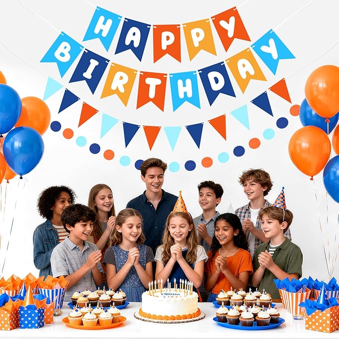 Blue & Orange Happy Birthday Banner, Happy Birthday Decorations Hanging Birthday Sign Circle Dot Triangle Bunting for Women Men Girl Boy Party Supplies