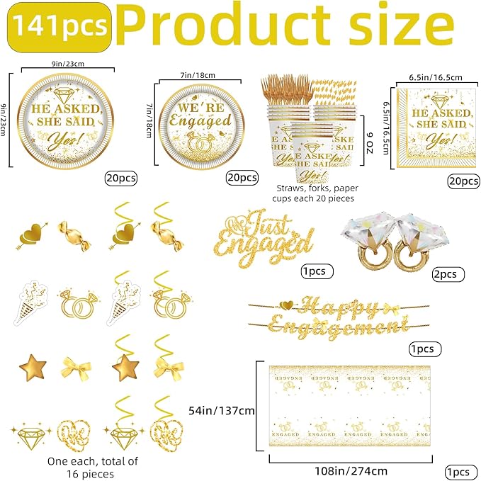 141PCS Engagement Party Decorations, Happy Engagement Banner Ring Foil Balloons He Asked She Said Yes Disposable Dinnerware with 1 Pcs Tablecloth, Wedding Proposal Decorations