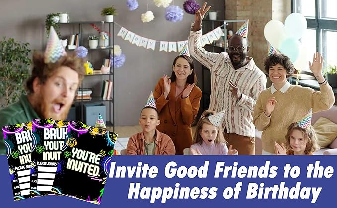 CLIRBE Bruh Birthday Party Invitations, Glow Neon Invited Birthday Invitations For Brother Bro Teen Boys, 20 Invites Cards With 20 Envelopes, Party Supplies Favors -H02