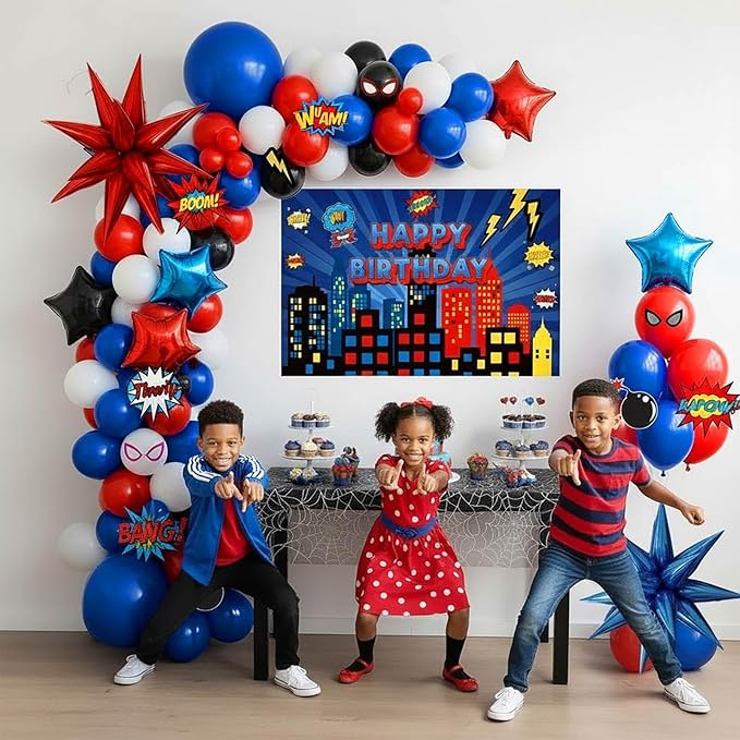 Blue Red Black white Balloon Garland Arch Kit 140PCS with backdrop card stickers Large Starburst mylar balloons for Spider Theme boy birthday Party Man Superhero inspired decorations