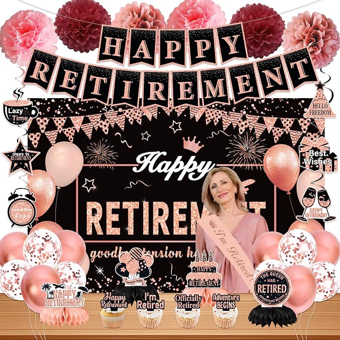 Retirement Party Decorations for Women, Rose Gold Happy Retirement Banner Backdrop Hanging Swirls Party Supplies, Retired Sash Balloons Honeycomb Centerpieces Cupcake Toppers Decor