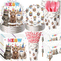 452 Pcs Cat Birthday Party Decorations for 50 Guests, Cat Paper Plates Napkins Cups Tablecloth Cutlery Straws Disposable Tableware Set for Kitten Lover Birthday Party Supplies