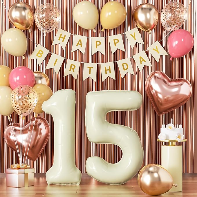 15th Birthday Decorations for Girl, Quinceanera Mis Quince Party Supplies, Retro Sand White Balloon Garland Kit, Cream Number 15 Balloon, Pink Happy Birthday Banner
