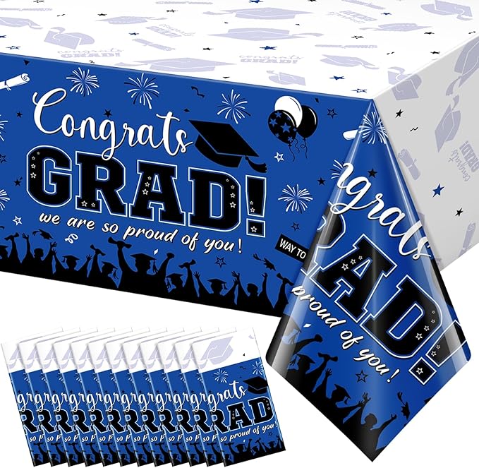 12 Pack Graduation Tablecloth Party Decorations, Class of 2026 Congrats Grad Plastic Tablecover Party Supplies, Blue Rectangle Graduation Table Decorations for College High School Party, 54 x 108 Inch