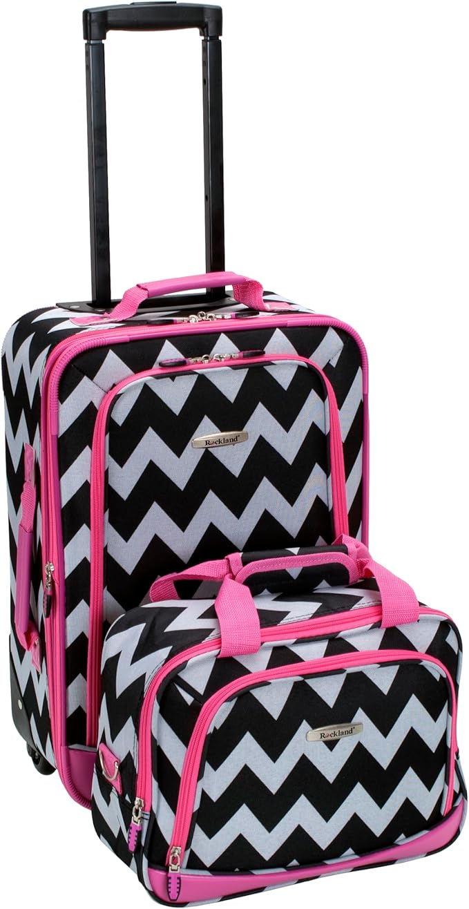 Rockland Fashion Softside 2 Piece Luggage Set, Expandable, (14" Tote/19" Upright), Pink Chevron