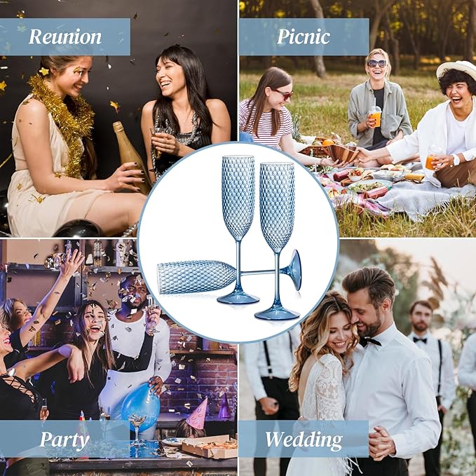 12 Pack Plastic Champagne Flutes Vintage Light Blue Goblet Champagne Glasses Unbreakable Wedding Toasting Glasses Diamond Wine Glasses Crystal Wine Cups Clear Drinking Glasses 5.5 OZ for Bridal Shower