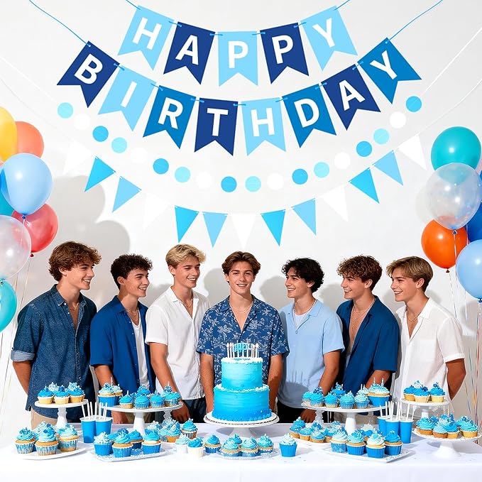 Sky Blue Happy Birthday Banner, Happy Birthday Decorations Hanging Birthday Sign Circle Dot Triangle Bunting for Women Men Girl Boy Party Supplies