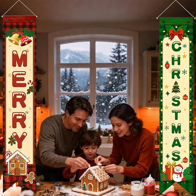 3PCS Christmas Party Decorations Merry Christmas Porch Banners Xmas Hanging Signs Holiday Wall Decor Rustic Farmhouse Xmas Porch Signs for Indoor Outdoor Photo Booth Backdrop Winter Party Supplies