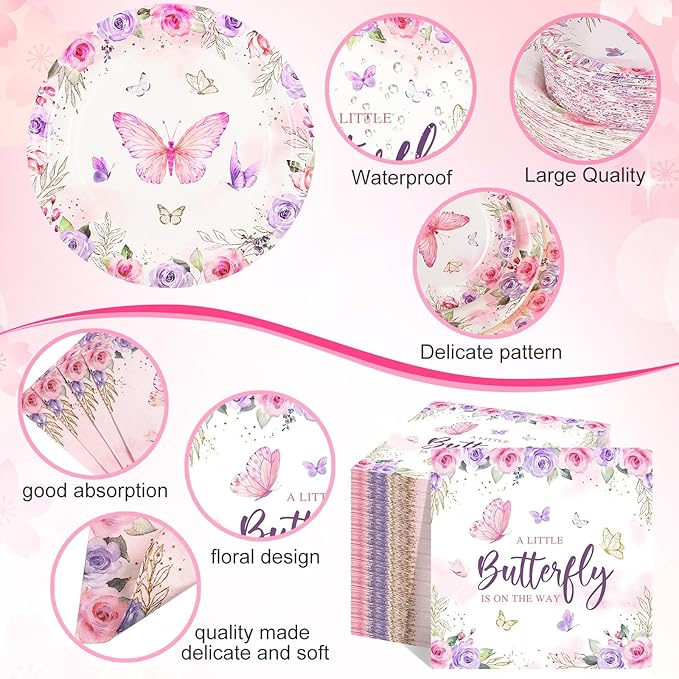 250 Pcs Butterfly Baby Shower Party Tableware Set a Little Butterfly Is on the Way Baby Shower Decorations Pink Purple Floral Paper Plates Napkins and Cups for 50 Guest(Cute Style)