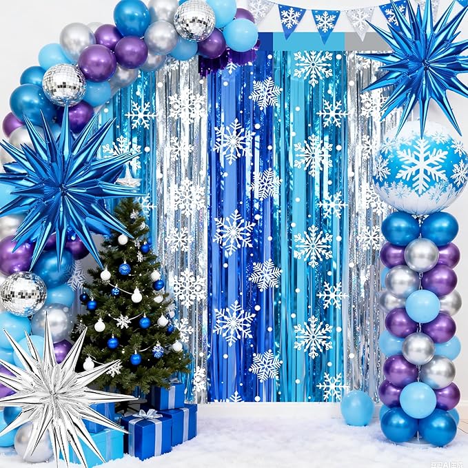2 Packs Snowflake Foil Fringe Curtain, Blue Silver Ice Glitter Metallic Tinsel Backdrop for Princess Birthday Baby Shower Santa Claus Christmas Winter Wonderland Party Decoration Supplies