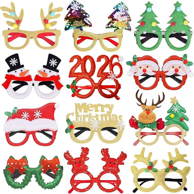 2026 Christmas Party Glasses,12pcs Fun Glitter Christmas Holiday Photo Booth Props for Kids Adults, Costume Eyeglasses for Christmas Party Favors and Decorations(One Size Fits All)