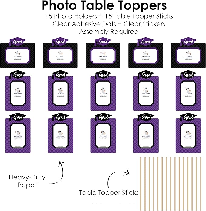 Purple Grad Graduation Photo Display Centerpiece Kit - 15 Double-Sided Photo Table Topper Sticks, Vertical and Horizontal 4x6 Picture Holders, DIY Party Decoration Set