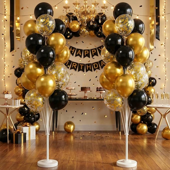 Balloon Column Kit Set of 2 With Confetti Balloons Included - with Base, and Pole,Balloon Tower Backdrop Decoration for Wedding, Baby Shower, Birthday Party, or Bachelorette Parties (Black Gold)