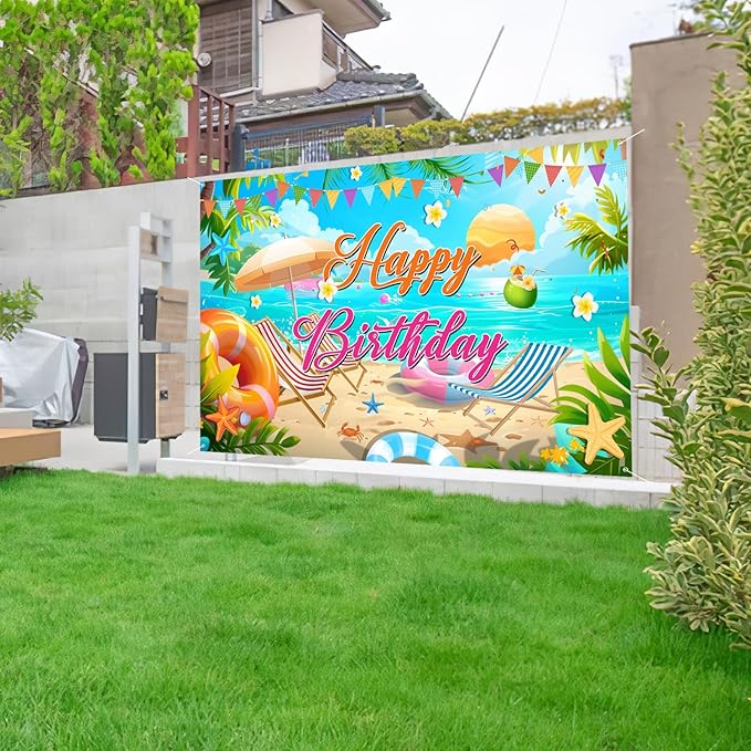 Summer Happy Birthday Banner Decorations, Backdrop Decor Supplies, Happy Sign for Backdrop, Large Beach Theme Birthday Banners Supplies Suitable for Any Lively Theme Party Event