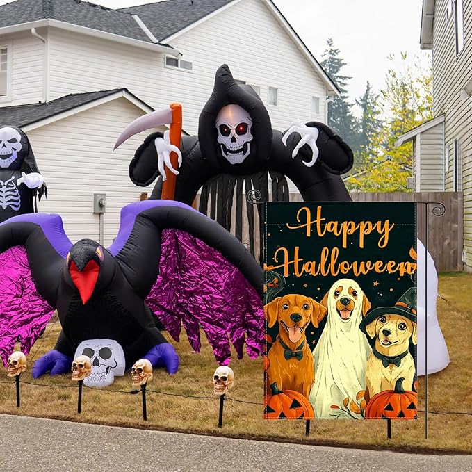Fall Garden Flag for Outside, Happy Halloween Pumpkin Dog Garden Flags - 12x18 Inch Double Sided, Halloween Fall Decorations Outdoor, Burlap Halloweens Gardens Flag Decor for Outside Home, Falls Flags