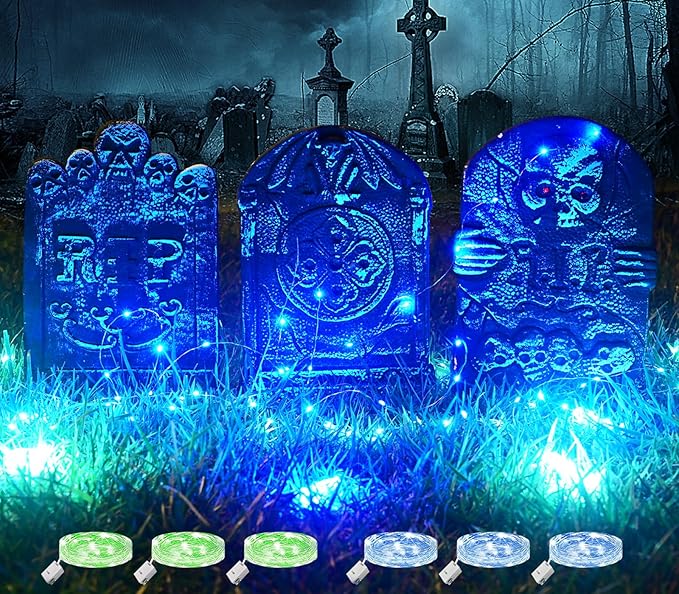 3 Pcs Halloween Tombstones Decoration with Green Lights, Blue Lights, Plastic RIP Grave Yard Signs Outdoor Garden Party Decor