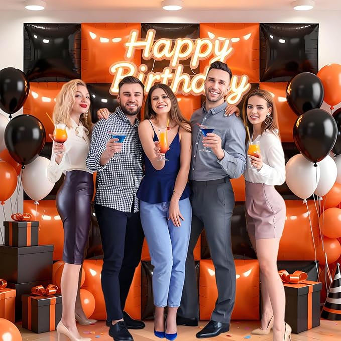 36Pcs Black and Orange Square Foil Balloons Wall Backdrop, Double Sided Metallic Foil Balloons Tunnel Arch Garland Kit for Photo Booth Birthday Wedding Halloween Christmas Party Decorations