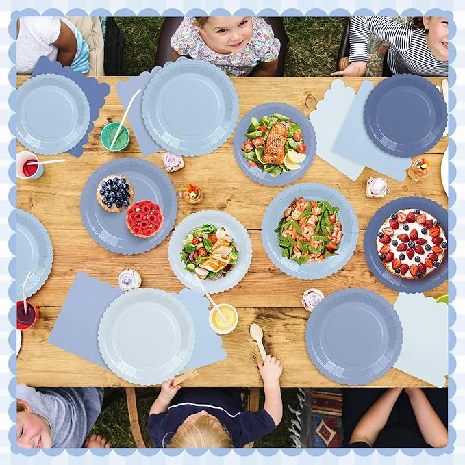 168 Pcs Dusty Blue Paper Plates and Napkins, Baby Blue Paper Plates Party Supplies for 24 Guests Include Gradient Scalloped Plates Paper Napkin Cup Knife Fork Spoon for Baby Shower, Wedding, Birthday