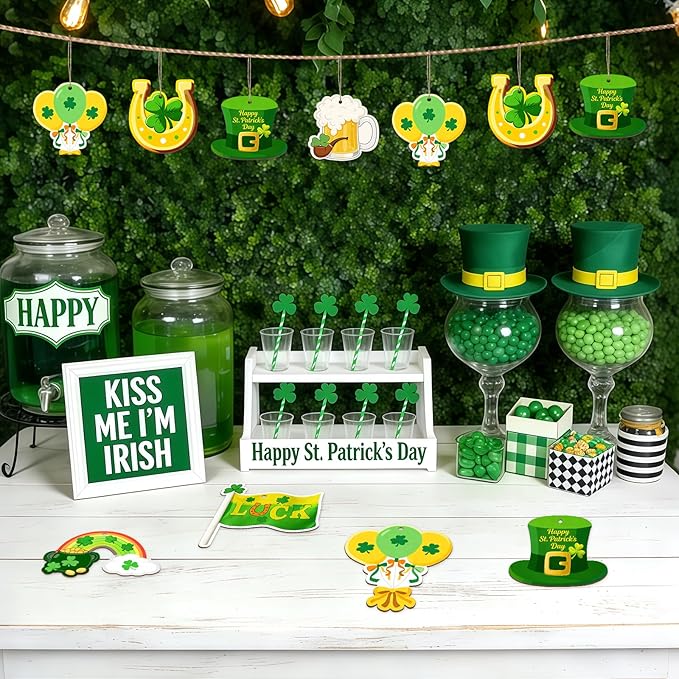 36PCS Wooden St. Patrick's Day Ornaments to Paint Shamrock Cutout Decorations,12 Styles DIY Blank Unfinished Wood Shamrock Cutouts Ornament for Tree Home Crafts Hanging, Hat Beer Gifts Indoor Spring