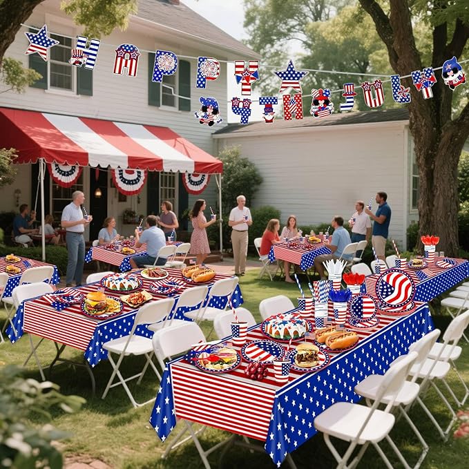 244PCS 4th of July Decorations Patriotic American Flag Party Supplies - Serve 30 - Tablecloths,4th of July Disposable Paper Plates Cups Napkins Cutlery Forks Spoons Straws,Banner Red White Blue Decor