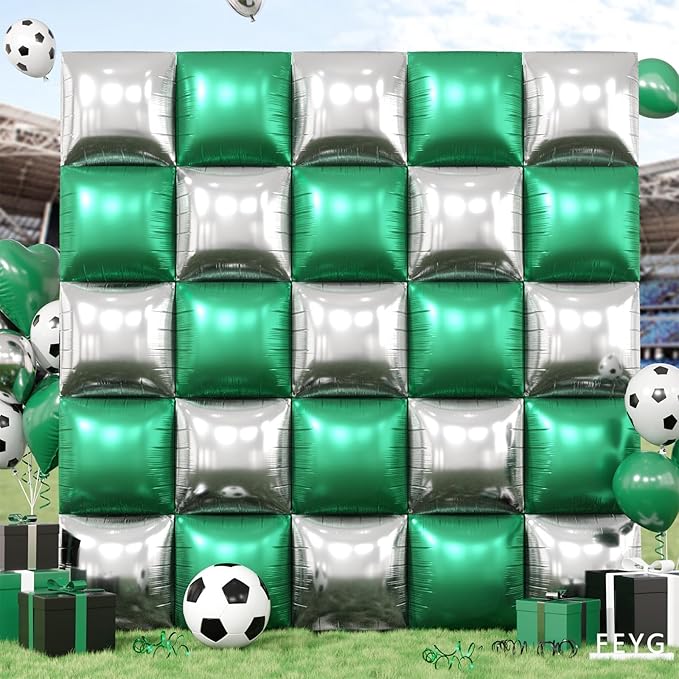 Metallic Green Silver and Black Soccer Square Foil Balloons Wall,19 Inches Foil Balloons Tunnel Arch Garland Kit for Boy Sports Soccer Theme Birthday Party Decorations