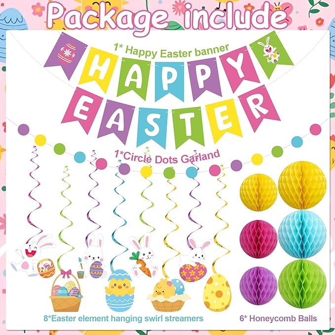 Pre-strung Easter Party Decorations Happy Easter Banner with Honeycomb Balls Egg Bunny Hanging Swirls Colorful Circle Dots Garland for Spring Party Home Classroom Office Hanging Decoration