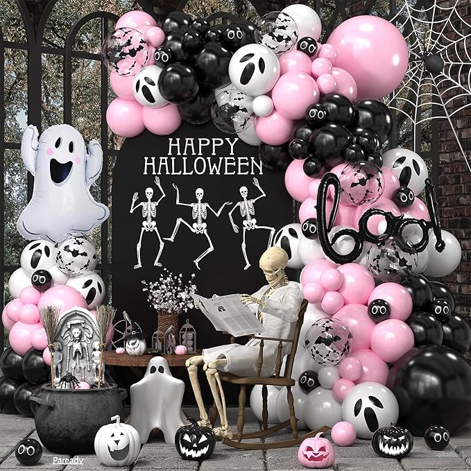 Halloween Balloon Arch Kit, Black Pink Balloons Garland Arch Kit with Large Ghost and BOO Foil Balloon, Eyes Bat Ghost Printed White Balloons For Halloween Decorations Home Garden Party Supplies