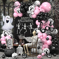 Halloween Balloon Arch Kit, Black Pink Balloons Garland Arch Kit with Large Ghost and BOO Foil Balloon, Eyes Bat Ghost Printed White Balloons For Halloween Decorations Home Garden Party Supplies