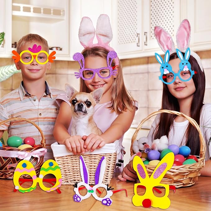 MGparty Easter Party Glasses Frame 12PCS Easter Bunny Ears Chick Eggs Glasses Easter Party Decoration Supplies Easter Photo Booth Basket Stuffers for Kids and Adults