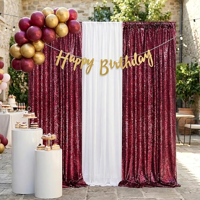 QueenDream 4x8FT Burgundy Red Backdrop Curtains Drape for Wedding Parties - Sequin Backdrop Panels Fabric for Birthday Graduation Home Decor（2 Panels 2ftx8ft