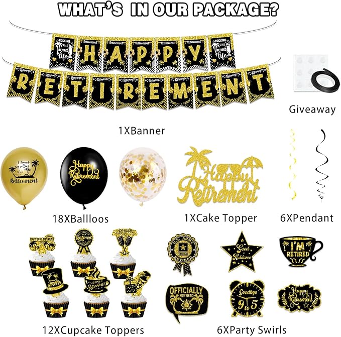 Retirement Party Decorations for Men Women, Black and Gold Happy Retirement Banners Balloons Cake Cupcake Toppers Hanging Swirls, Happy Retirement Party Supplies 42pcs
