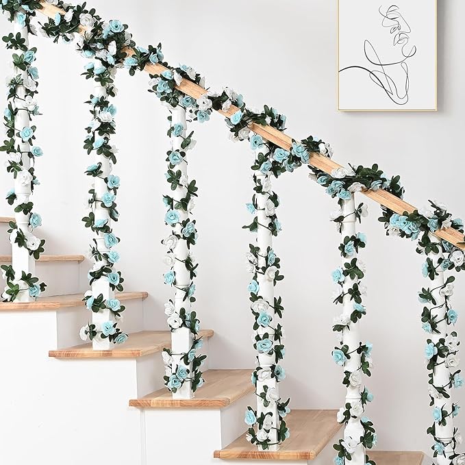 MARTINE MALL Flower Garland - 5 Strands 41Ft Rose Vines for Bedroom Decor, Blue and White Rose Floral Garland for Room Birthday Wedding Party Garden Wall Decor
