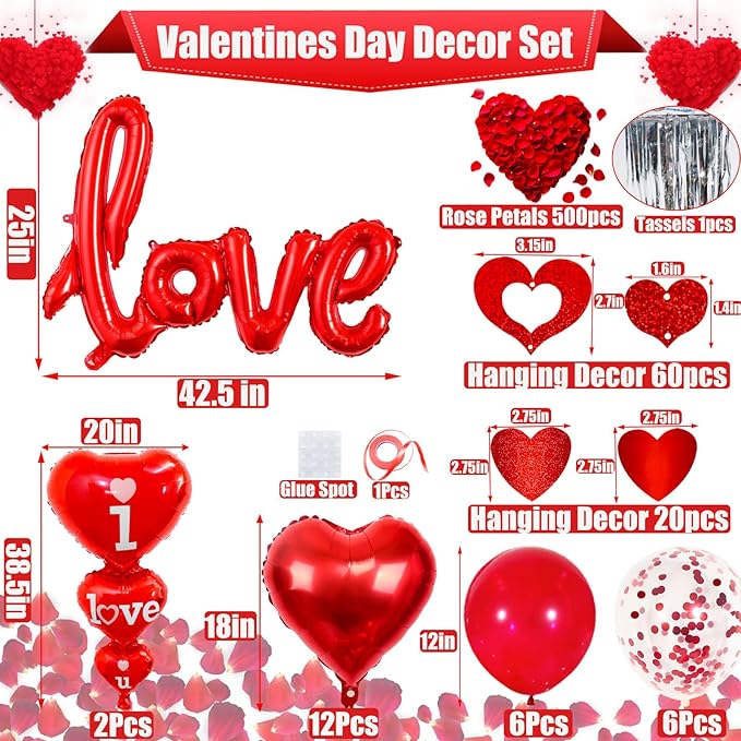 Valentines Day Decorations Set, I Love You Balloons and Red Heart Balloons With Fake Rose Petals for Valentines Day Party Wedding Anniversary Engagement Decor