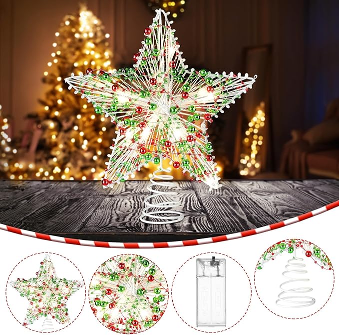 Christmas Star Tree Topper 8.3 Red Green Berries Decor 3D Star Treetop LED Lights Battery Powered Xmas Tree Ornament for Christmas Party Indoor Outdoor Home Decoration