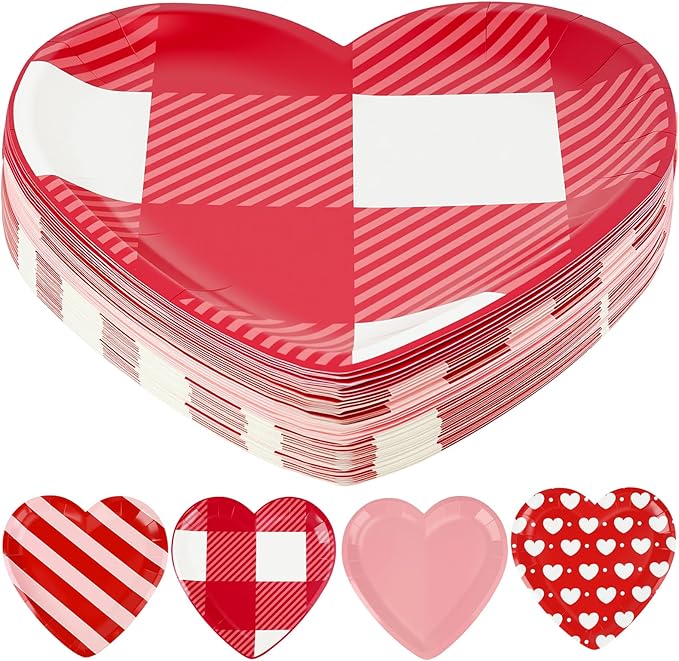 48 Pack 9 Inch Heart Shaped Paper Plates for Mother's Day & Valentine’s Day, Disposable Pink & Red Party Plates, 4 Designs for Wedding, Anniversary, Galentine’s Day Party Supplies
