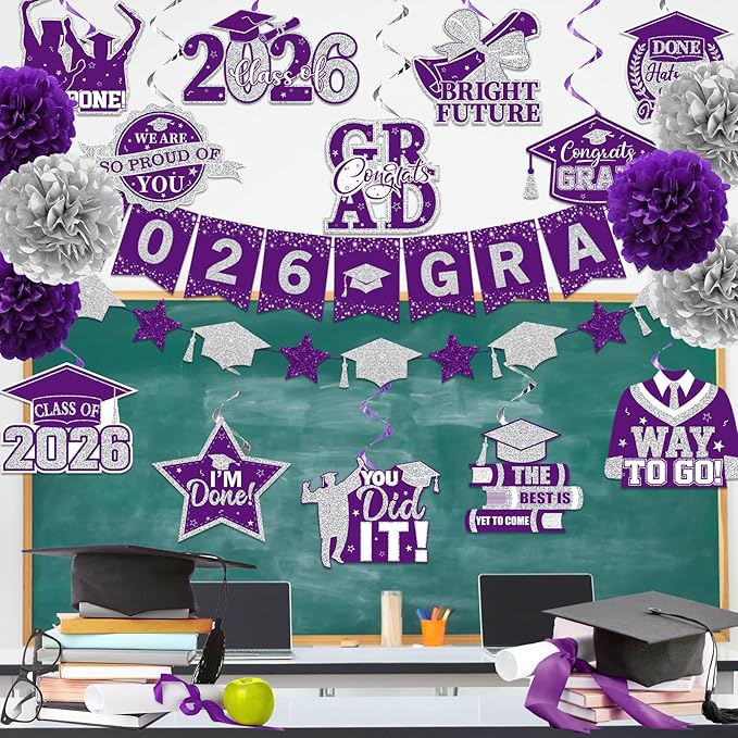 Purple Graduation Decorations 2026, 2026 Grad Banner and Congrats Grad Hanging Swirls, Purple and Silver Graduation Banner Graduations Hanging Swirls College Graduations Decorations Class of 2026