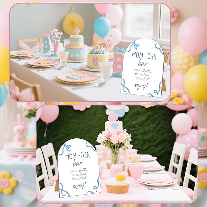 Blue Bow Mom-osa Bar Sign for Baby Shower, 6x8 Inch Arch Wooden Sign with Stand, Blue Baby Shower Table Sign, Gender Neutral Party Decoration - QW14