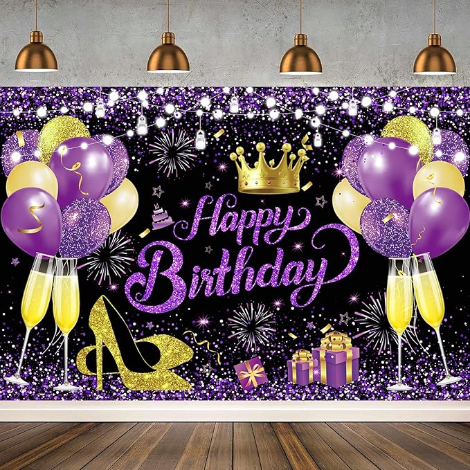 YinQin 180x120 cm Glitter Purple Golden Happy Birthday Party Backdrops Cloth 71x47 inch Photography Bday Backgrounds Black Purple Gold Happy Birthday Sign Banner Decorations for Girl Women