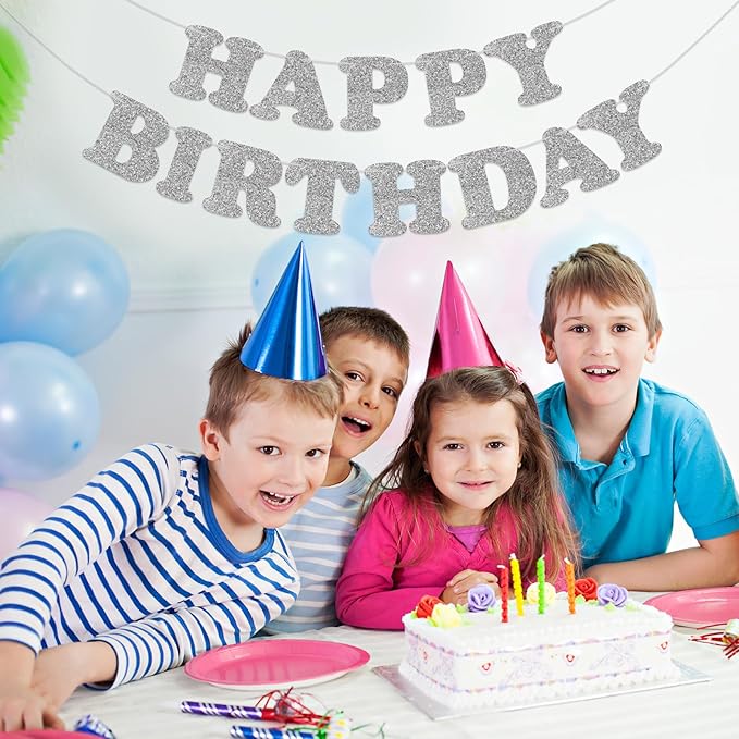 Glitter Silver Happy Birthday Banner Birthday Party Decorations Sign Garland Bunting Banner for Wall Decor Party Background for Kids Boys Girls Adults