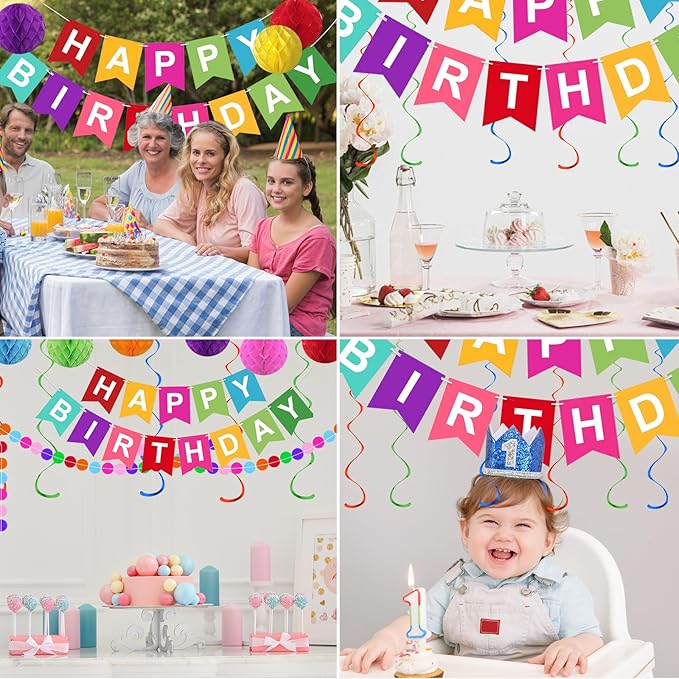 Rainbow Birthday Decorations, Colorful Happy Birthday Banner, happy birthday decorations for Girls Women Party Decorations