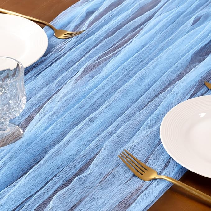 Socomi Blue Cheesecloth Table Runner Tulle Gauze Cheese clothBoho Rustic 120 inch 10FT Runner for Wedding Party Baby Shower Birthday Holiday Decorations 1pc