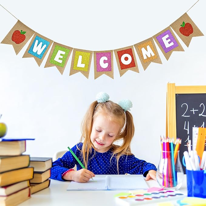 Welcome Burlap Banner Back to School Party Decorations Glitter Welcome Banner with Apple Sign - First Day of School Party Supplies for Classroom,Teacher,and Office Hanging Decor