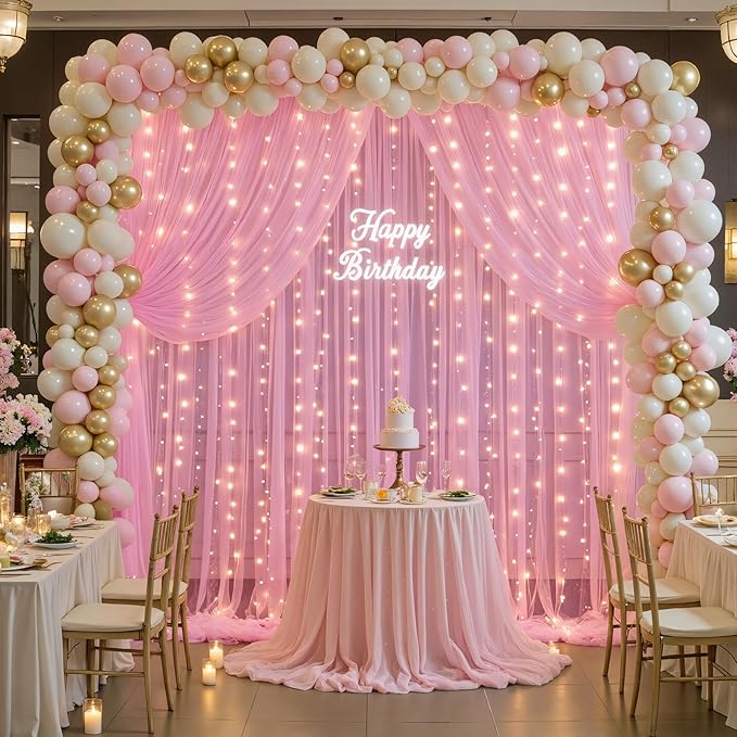 10ft×12ft Pink Tulle Backdrop Curtains with Lights String for Parites Pink Sheer Backdrop Curtains for Baby Shower Girls Birthday Party Wedding Bridal Shower Photo Shoot Background 2 Panels 5×12ft