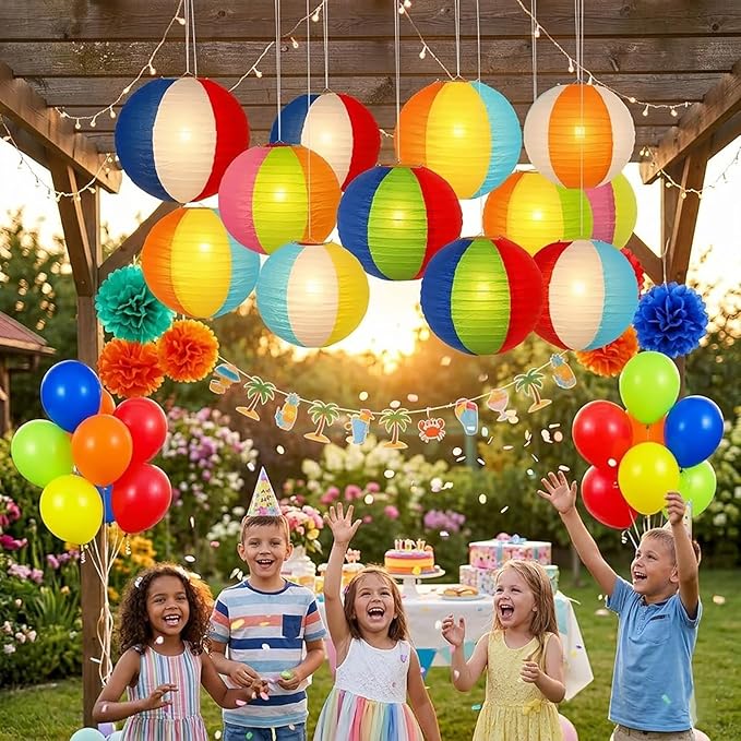 ADLKGG 15Pcs Pool Party Decorations Beach Ball Paper Lanterns, Summer Hawaiian Luau Themed Birthday Supplies, Reusable Decor for Outdoor Events, Indoor Classroom Home