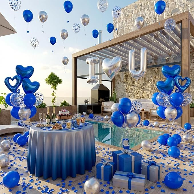 Bonropin I Love You for Him/Her Balloons Royal Blue and Sliver balloon kit with 24/18in Heart Shaped Foil Balloons and 400pcs Blue Artificial Rose Petals for Valentines Party Romantic Decoration