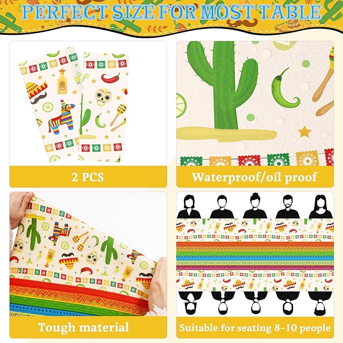 Cinco De Mayo Decorations - Fiesta Mexican Party Tablecloth | Cinco De Mayo Table Decorations for Taco Party - Mexican Theme Birthday Fiesta Party Favors Accessories for Home Dining Kitchen,2 Pack