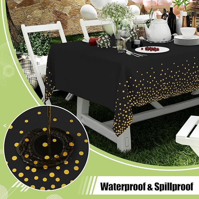 Smiry Disposable Table Cloth - 6 Pack, 54 x 72 Inch Waterproof Rectangle Tablecloths for Parties, Decorative Plastic Table Cover, Leakproof & Sturdy, Black & Gold