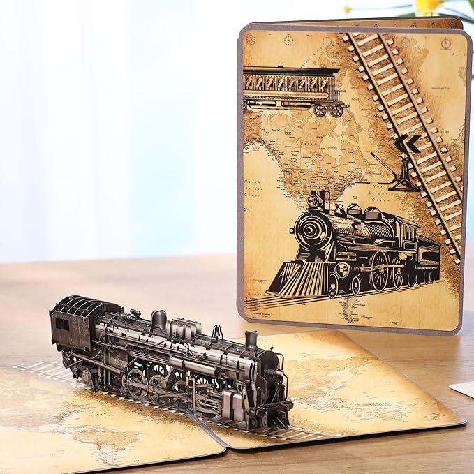 Steam Train 3D Pop Up Birthday Card for Men, Vintage Steam Train Design, Handmade Birthday Card, Ideal Gift for Father's Day, Birthday for Dad, Grandad, Husband, Men, Boyfriend, Adults; 6" x 8"
