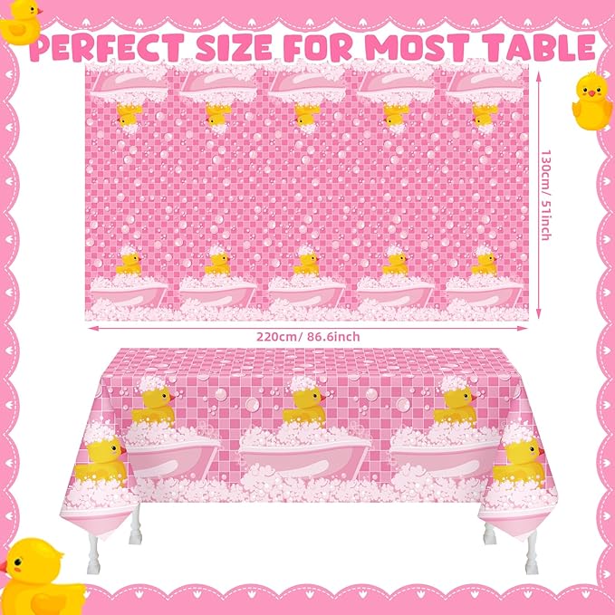 Oudain 3 Pcs Plastic Yellow Duck Tablecloth Disposable Cute Bubble Rubber Yellow Ducky Table Cover for Birthday Party Decorations Supplies, 51 x 86.6 Inch (Pink)